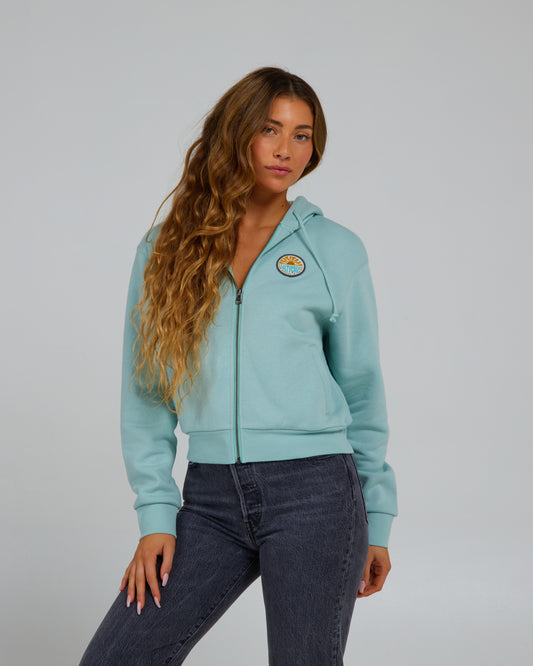 On body front of the Sun Days Zip Fleece Hoodie - Cloud Blue. 