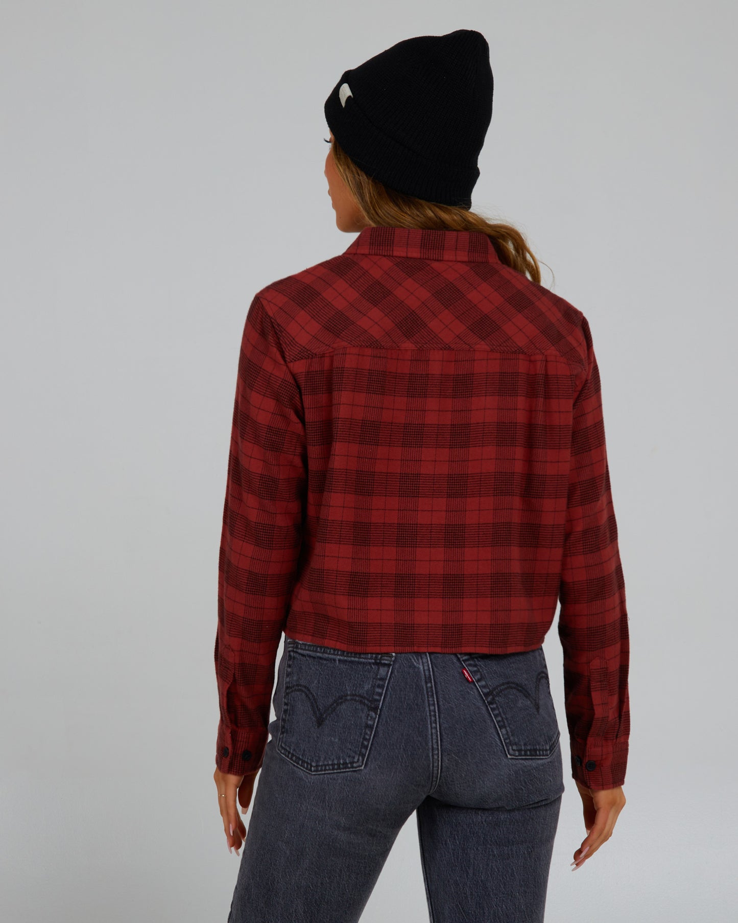 back view of Stay Golden Baked Apple Crop Flannel