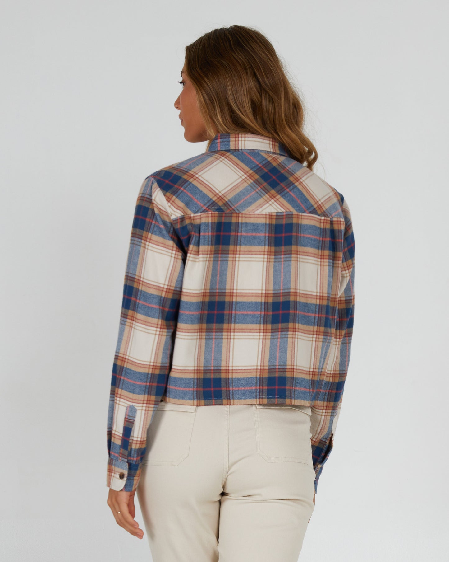 back view of Stay Golden Natural Crop Flannel