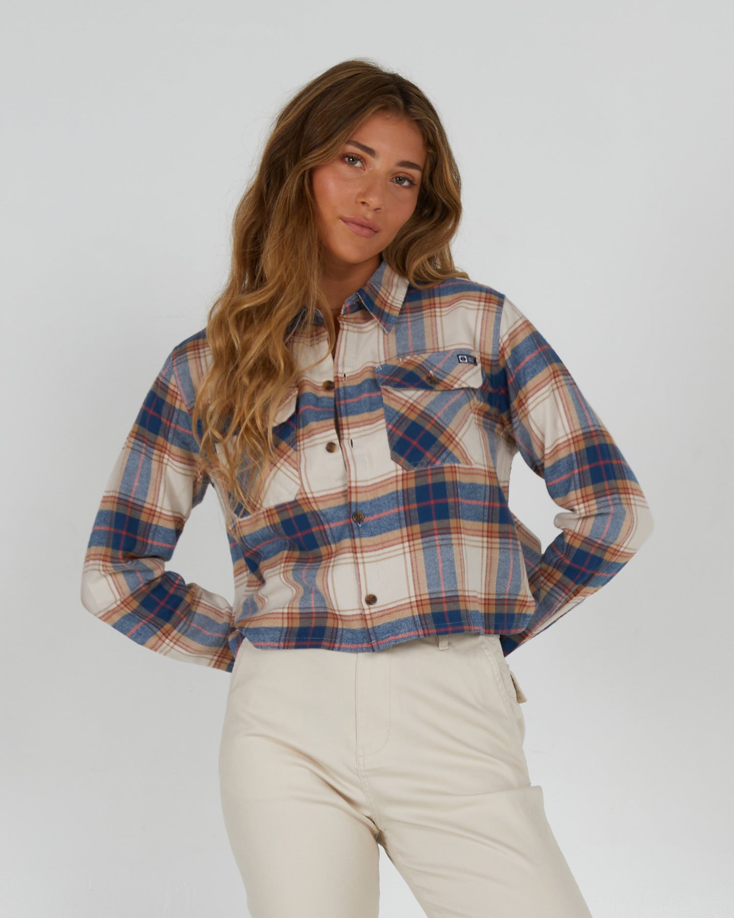 front view of Stay Golden Natural Crop Flannel