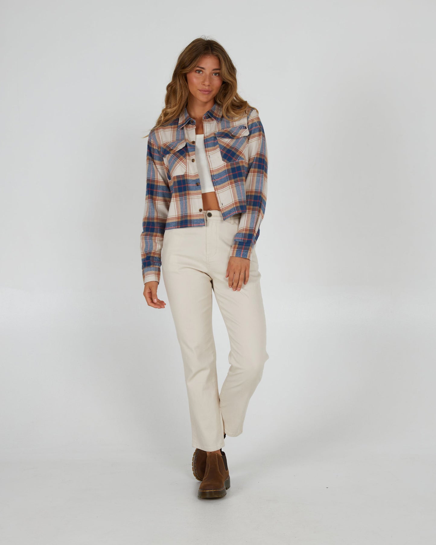 front full body view of Stay Golden Natural Crop Flannel