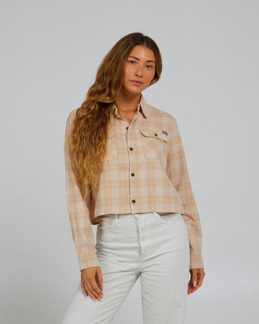 front view of Stay Golden Sand Dune Crop Flannel