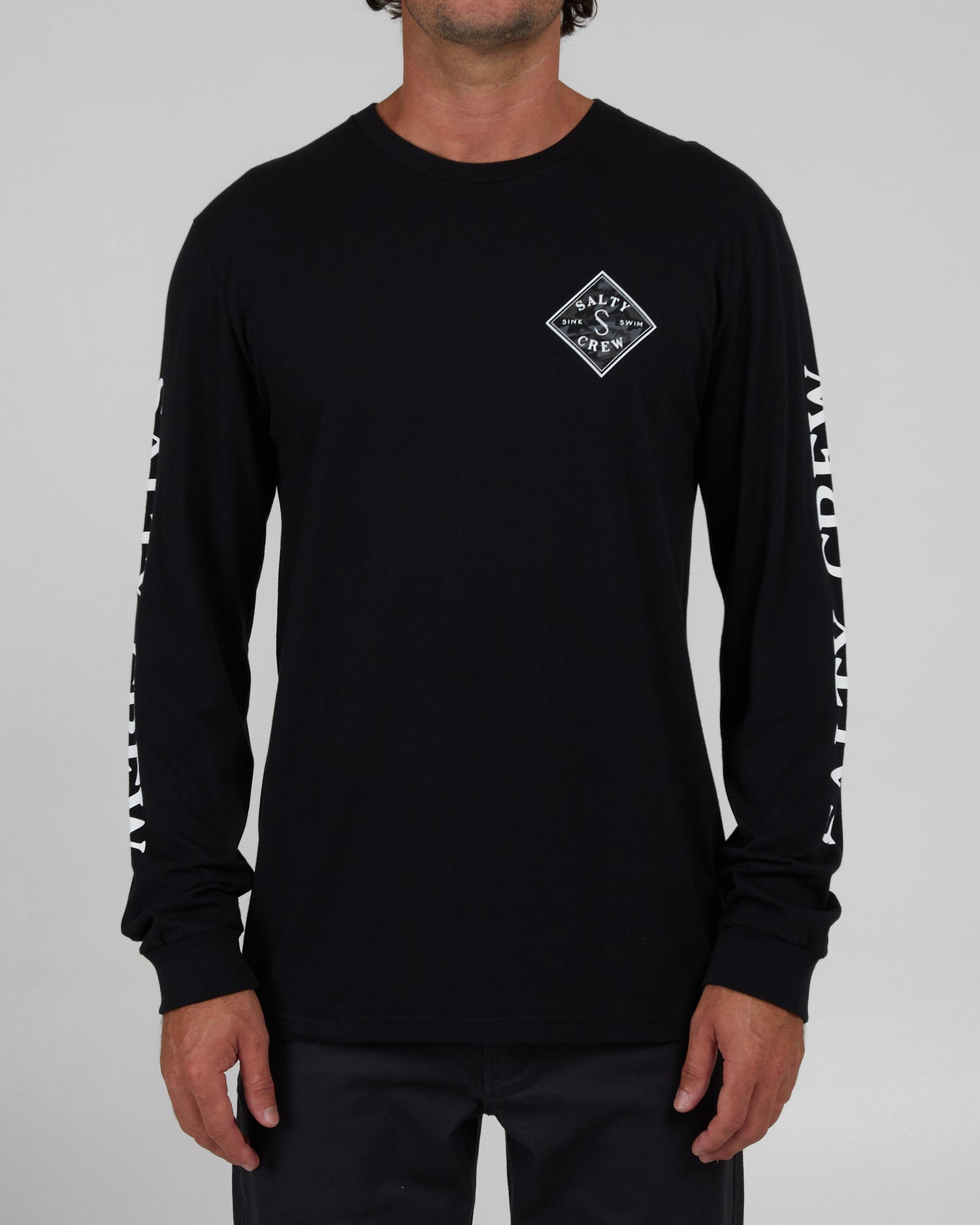front view of Tippet Camo Fill Black L/S Premium Tee