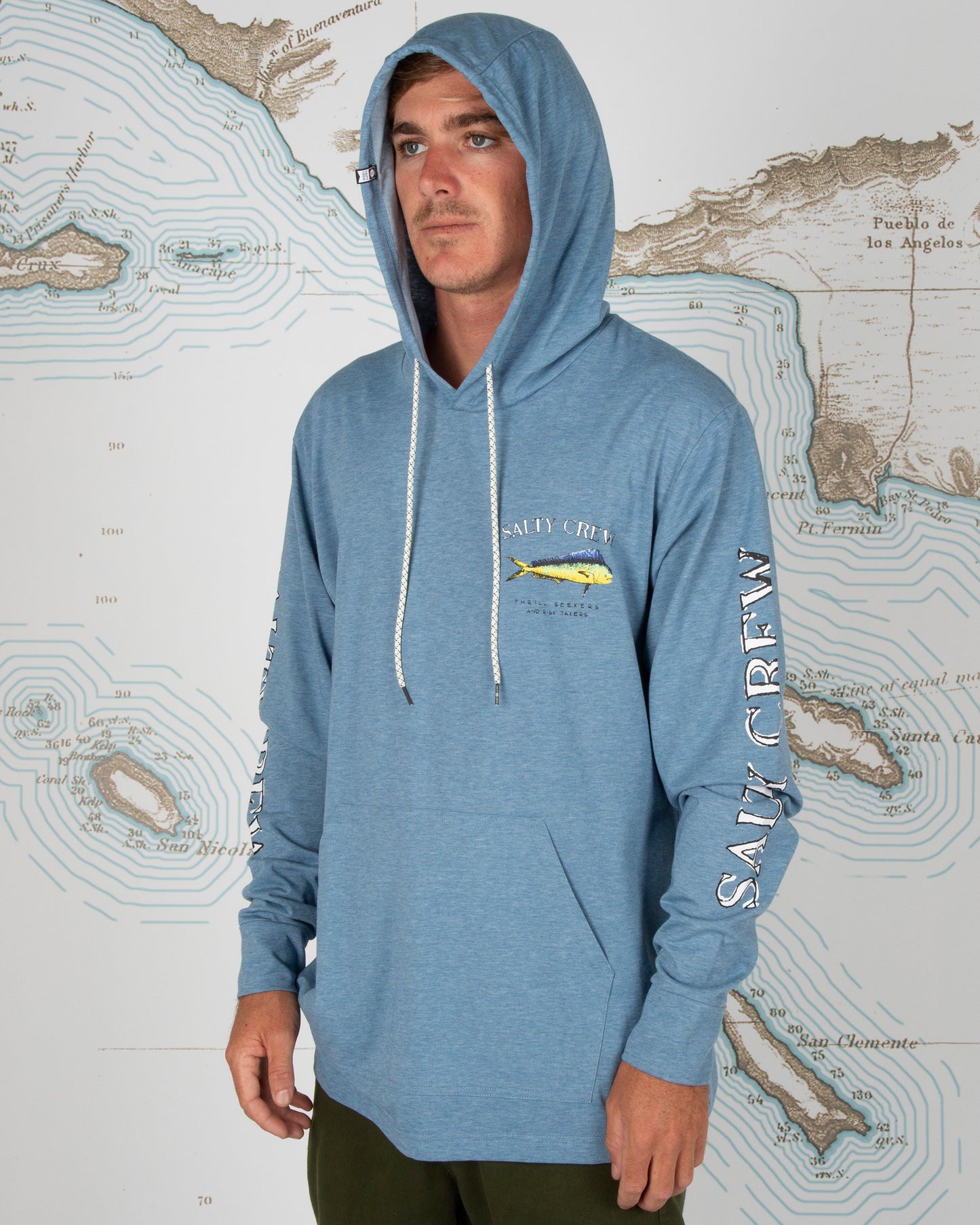 On body front angled of El Dorado Harbor Blue Hood Tech Tee