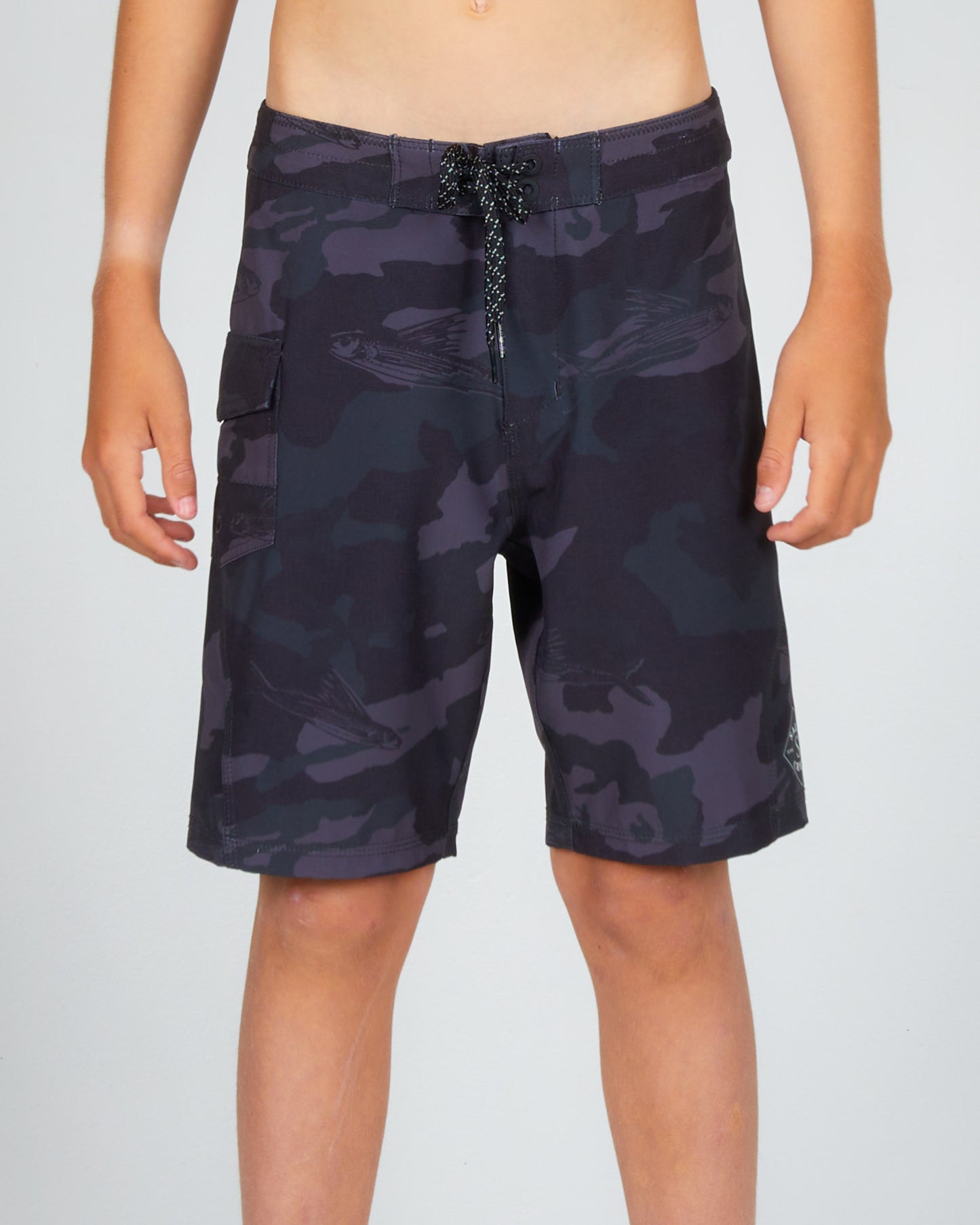 On body front of the Lowtide Boys Black Camo Boardshort